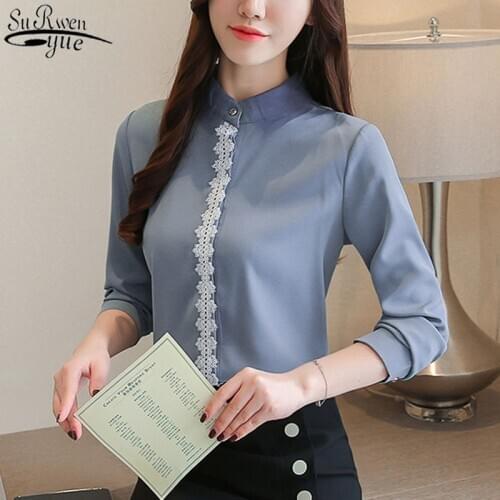 Blusas Autumn Tops Blouse 2021 Long Sleeve Chiffon Blouse New Korean Slim Top Women Shirt Mesh Lapel Lace Thin Clothing 10241