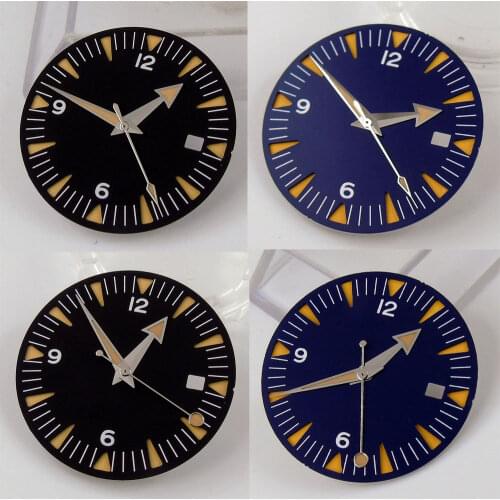 31mm Sandwich Watch Dial Watch Hands Black/Blue Fit For NH35/NH35A Automatic Movement Date Window Watch Face Spare Parts