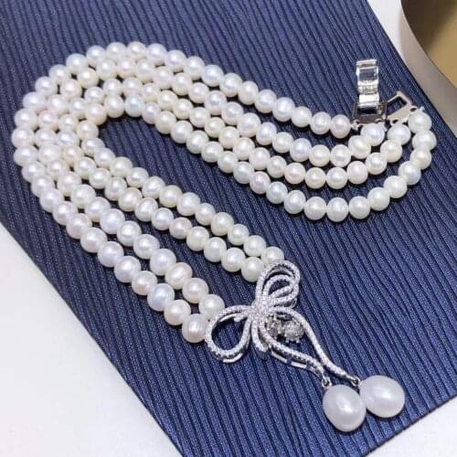 D418 Pearl Necklace Fine Jewelry Almost Round 6-7mm Nature Fresh Water White Pearls Three Layers Necklaces for Women