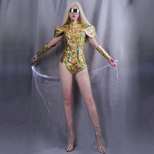 Sexy bar nightclub rave DJ DS GOGO dance costume singer stage outfit Golden men women armor future holographic clothes