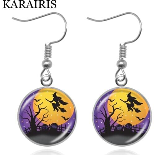 KARAIRIS Trendy Dangle Earrings Castle Witch and bat Glass Cabochon Eardrop Earrings for Women Halloween Jewelry Gift