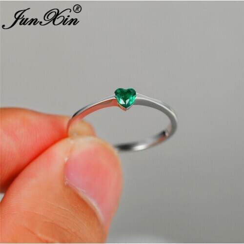 White Gold Filled Ring Minimalist Wedding Bands Female Green Purple Crystal Love Heart Thin Rings For Women Engagement Jewelry
