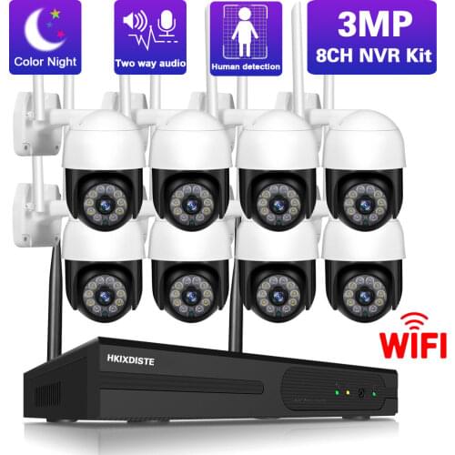 3MP Wireless CCTV Camera Security System Kit 8CH Wifi NVR Kit 1080P Outdoor Two Way Audio PTZ IP Video Surveillance Camera Set