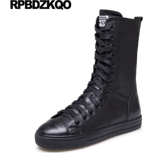 Round Toe Mid Calf Flat Brand Women Winter Boots Genuine Leather Real Fall Lace Up Designer Slim Red Military Shoes 2017 Fashion
