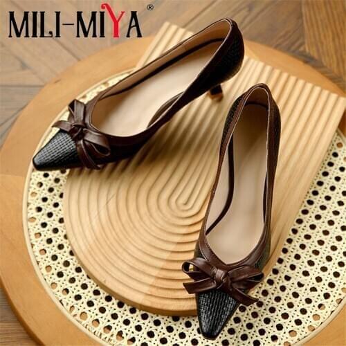 MILI-MIYA Fashion Women Full Genuine Leather Pumps Butterfly Knot Pointed Toe Low Square Heels Office Career Shoes For Ladies