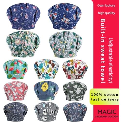 Cute printing long hair scrubs caps unisex adjustable Breathable scrubs hat women Pet Grooming Agency working cap Beautician hat