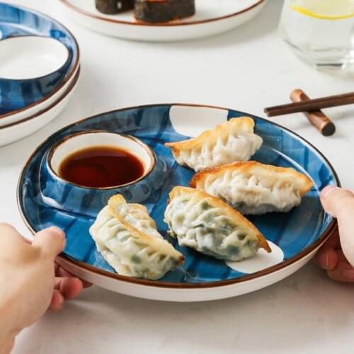 Fashion Creative Japanese ceramic plate hand-painted round dumpling plate household food plate sushi plate grid dinner plates