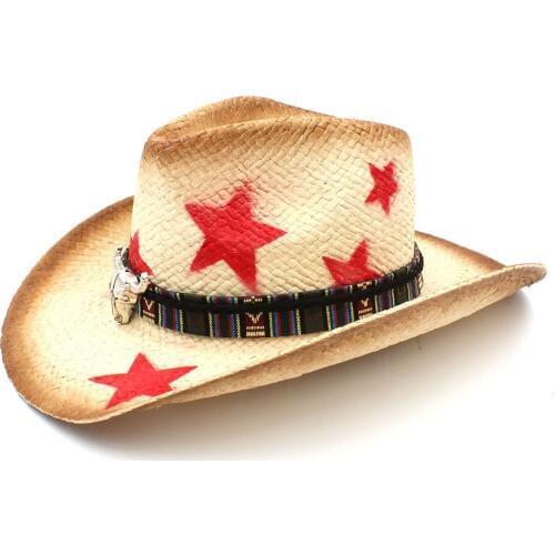 Fashion Women Men Straw Western Cowboy Hat With Bohemia Bull Head Ribbon Star Lady Dad Sombrero Hombre Cowgirl Caps Size 58CM
