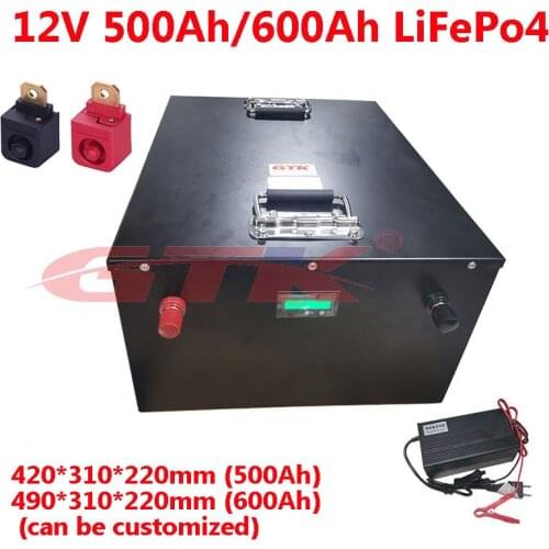 Powerful 12V 500Ah 600Ah Lifepo4 lithium battery with BMS for Solar energy storage motor homes sightseeing vehicle+20A charger