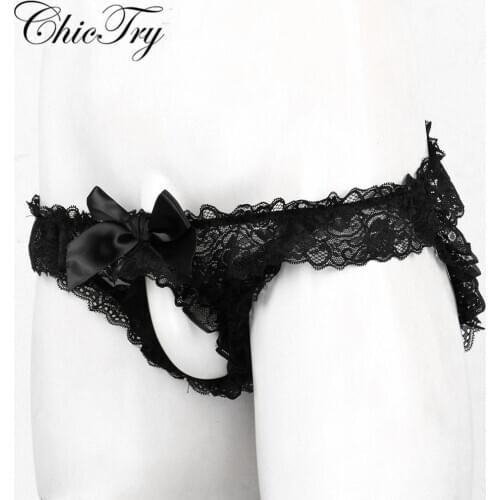 Mens Sissy Ruffled Lace Panties Sexy Underwear Lace Thong Enhance Pouch Bikini Briefs Low Rise Crotchless and Open But Jockstrap