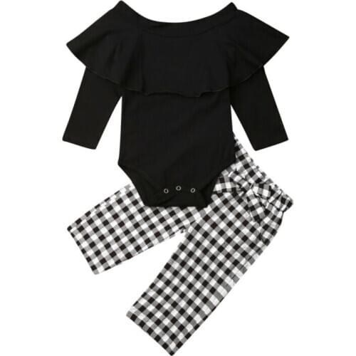 Girl Clothes 2019 Newborn Infant Baby Girl Clothes Ruffle Romper+ Plaid Wide Pants 2pcs Autumn Outfit Size 0-24M