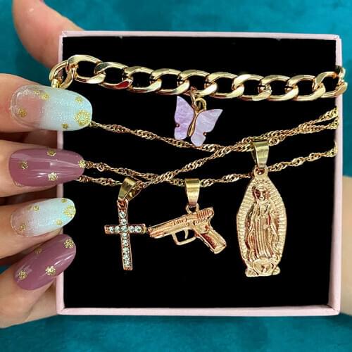 Trendy New Gold Color Angel Letters Butterfly Pendant Necklace for Women Multilayer Cross Pistol Necklace Punk Hip-hop Jewelry