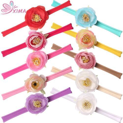 XIMA 10pcs 2''Flower Headband Kids Cute Chiffon Flowers Elastic Nylon Headband Girls Solid Elastic Headband Hair Accessories