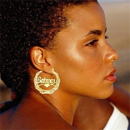 Noelia Custom Name Earrings Personalized Heart Bamboo Hoop Earrings for Women Custom Big Hoop Earring Hip-Hop Jewelry Gift