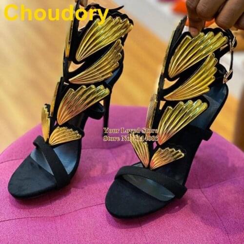 Choudory Gold Shell Embellished High Heel Sandals Women Black Suede Buckle Strap Dress Shoes Patchwork Leaf Shaped Banquet Pumps