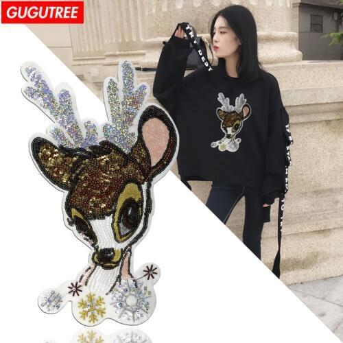 GUGUTREE embroidery paillette big deer patches animal patches badges patches for jackets