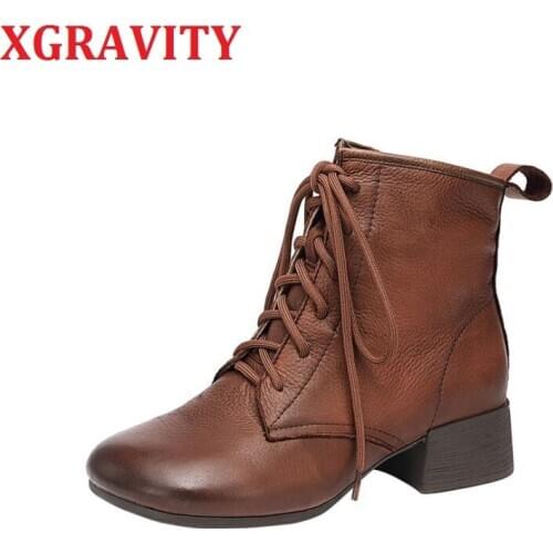 XGRAVITY s104 Elegant Cow Genuine Leather Chunky Short Heel Pumps Lace Up Round Toe Ladies Boots Women Casual Boots New Shoes