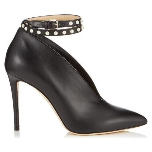 Women Black Leather Rivet Ankle Straps High Heel Ankle Boots Sexy Pointed Toe Black Shiny Short Booties