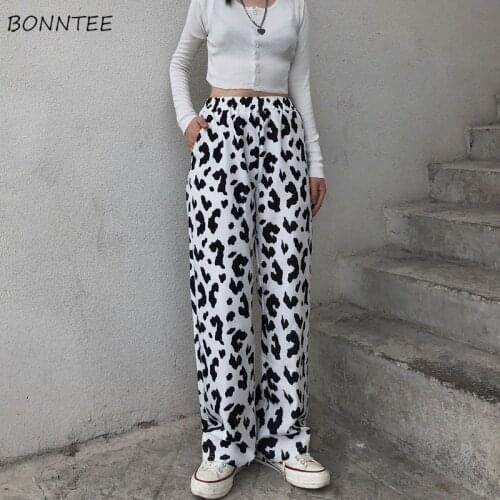 Women Casual Pants Cow Printed Wide Leg Full Length Loose Harajuku High Street Korean Style Ins Students Daily Female Spring Hot