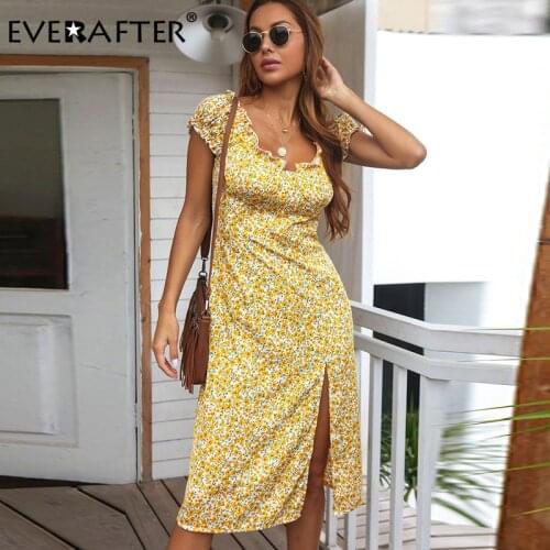 EVERAFTER Sexy Square Collar Split Summer Women Dress 2021 Fashion Yellow Floral Print Casual Asymmetrical Elegant Midi Sundress