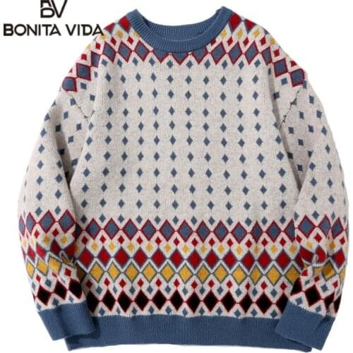 Bonita Vida Streetwear Sweaters Knitted Argyle Geometry Color Block Jumpers Sweater Harajuku Loose Casual Knitwear Fashion Tops