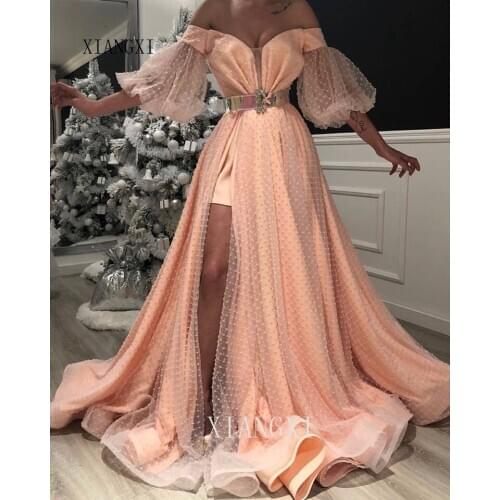 Abendkleider Formal Party Dress Half Sleeves Flare No Belt Long Evening Gowns Custom Evening Dresses Peach Dot Vestido Longo