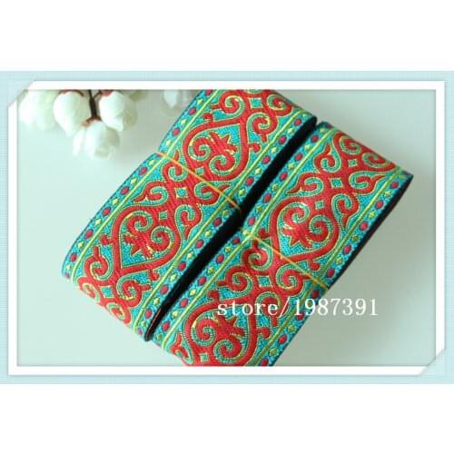 10yards/lots Woven Jacquard Ribbon 5cm light blue background red totem pattern LS-8638