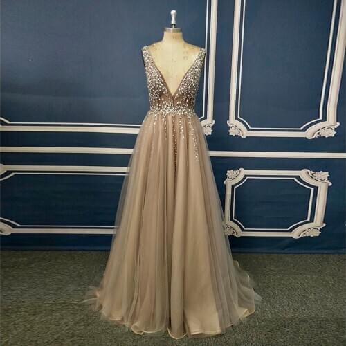 Noble Bride Sexy Deep V Neck Backless Beaded Bodice Girls Formal Dress Long Evening Gown