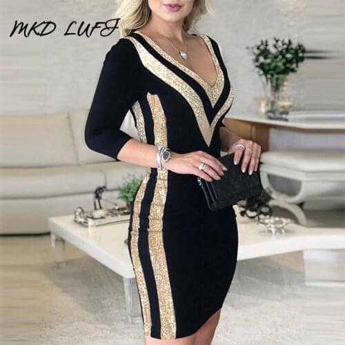 Sequins Colorblock Long Sleeve Dress Women Sexy Bodycon Party Dress