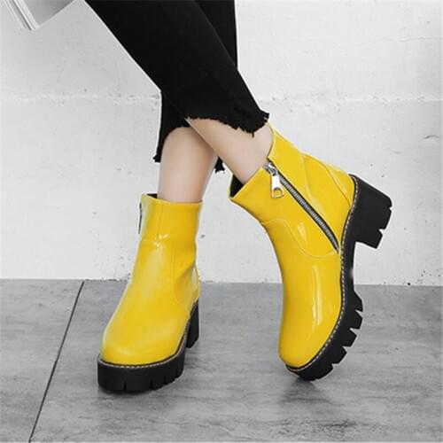 Punk platform fashion purple yellow black Patent leather ankle boots mid heels womens shoes 32-43-2020
