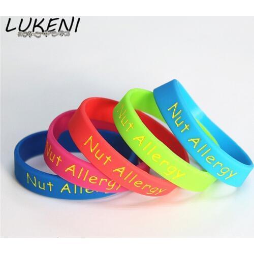 LUKENI 1PC Medical Alert Nut Allergy Silicone Wristband Kids Size Green Red Blue Pink Armband kids Braceets&Bangles Gifts SH110K