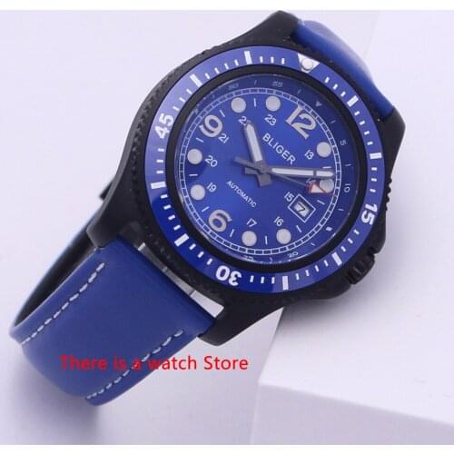 Bliger 44mm Automatic Mechanical Watch Men Luxury Brand Business Luminous Waterproof Clock Leather Strap Calendar Wristwatch Men
