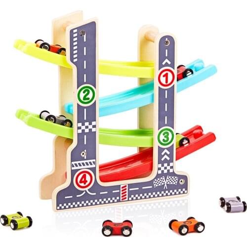 Wooden Zig Zag Ramp Race Track & 4 Mini Car Kid Toy Vehicle Playset