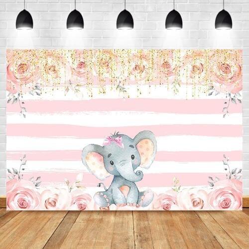 Girl Elephant Photo Backdrop Pink and White Stripe Birthday Floral Backdrops Elephant Baby Shower Cake Table Decoration Banner