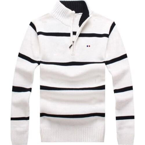 Brand Sweaters Flag Embroidery Patch 100% Cotton Autumn Winter Striped Mens Sweaters Pullovers Male Stand Collar Fit Knitted