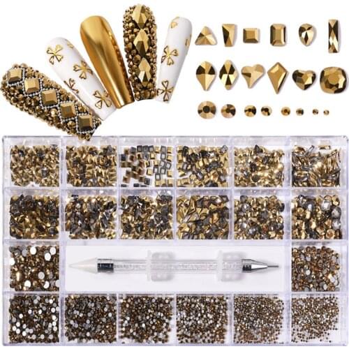 21 Grids/ Box Nail Art Decoration Set Mixed Glass Crystal Diamond Shape Rhinestone With 1 Pickup Pen Manicure Accessories