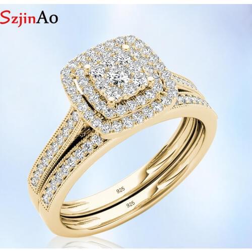 Szjinao 14K Gold Ring Wedding Engagement Diamond Rings For Women Couple Real 925 Sterling Silver Handmade Undefined Fine Jewelry