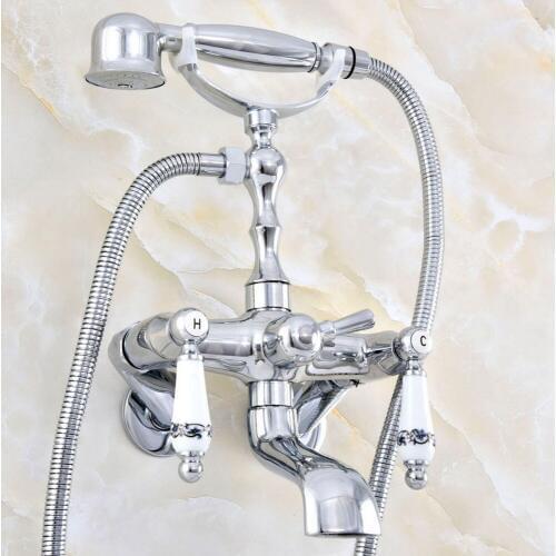 Silver Polished Chrome Brass Wall Mounted Dual Ceramic Handles Clawfoot Bathtub Faucet Handshower - Adjusts From 3-3/8" aqg423