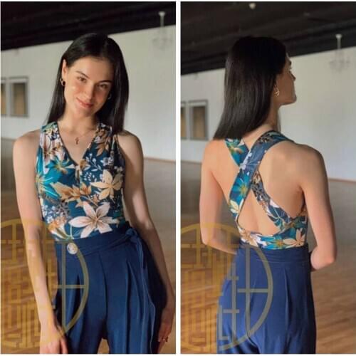 NEW Modern ballroom Latin Dance Clothes Top for Women/female/girl, Tango Samba Costume Practice Sexy Top V-Neck print fabric