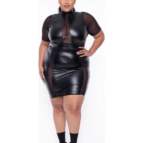 4XL 5XL Plus Size Black PU Leather Dress See Through Sexy Bodycon High Waist Mini Length Evening Night Club Cloth Dresses New