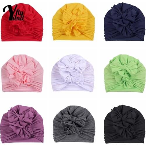 Yundfly Solid Color Flower Bowknot Baby Girls Turban Hat Soft Comfortable Cotton Newborn Caps Toddler Headwear Photography Props