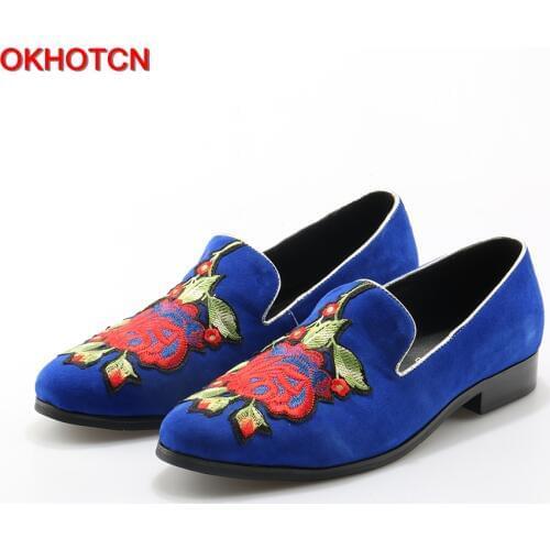 OKHOTCN Floral Embroidered Suede Men Shoes Soft Leather Flats Casual Slip On Moccasins Men Loafers Good Quality Driving Shoes