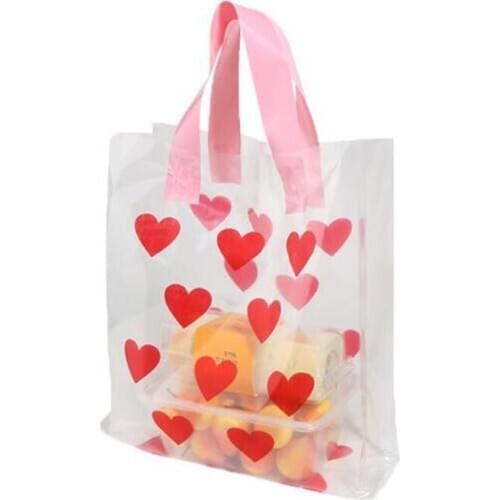 50pcs Plastic Bags Transparent Red Love Heart Gift Bag Clothing Store Packaging Bags With Handle Shopping Bag