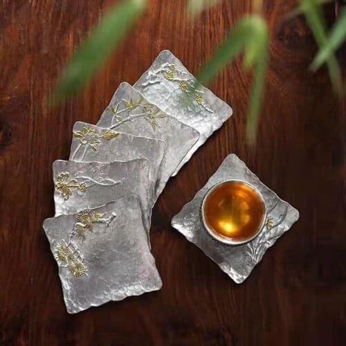 Handmade Pure Tin Coaster Metal Teacup Mat Japanese Style Cup Holder Insulation Square Creative Tea Holder Tea Ceremony Coasters