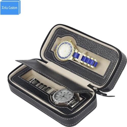 Zippered Luxury Two Watch Travel Storage Case Storage Case Organizer Black Leatherette 2 Slots Pocket Watch Box Case Wallet EXW