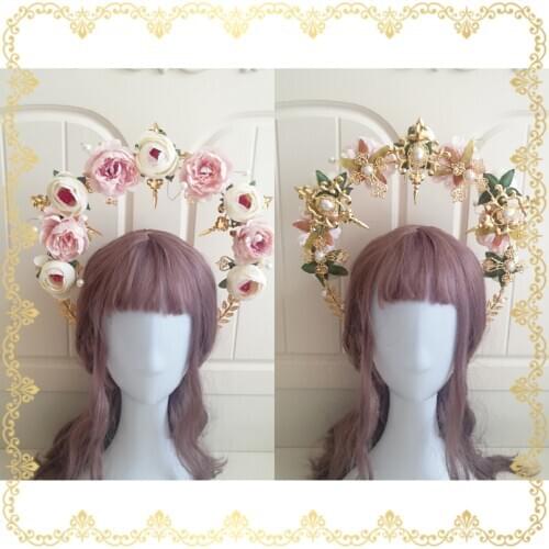Hand-made Lolita Tea Party Flower Marriage Madonna Halo Crown Headdress Double-sided Garland Pearl Cross