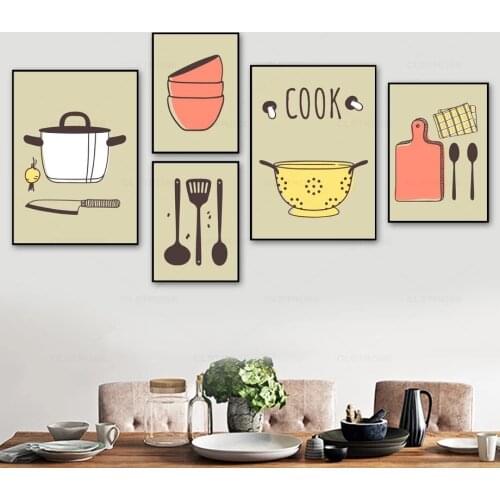 Nordic Abstract Canvas Painting Cartoon Bowl Spoon Pot Cooking Vintage Posters Wall Art Prints Modern for Kitchen Room Decor