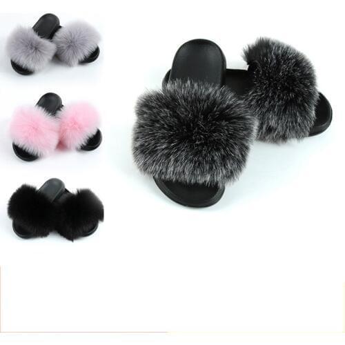 New Fluffy Faux Fur Slides Women Fur Slippers Furry Sandals Fake Fox Fur Flip Flops Home Fuzzy Women Casual Plush Shoes TX190