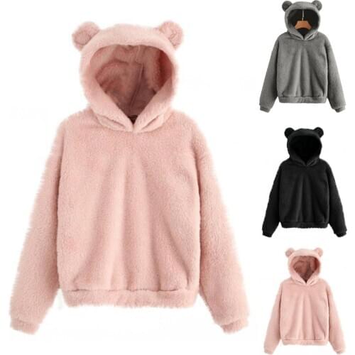 Fleece Hoodies Women Sweatshirt Long Sleeve Sweatshirt Warm Bear Ear Hooded Plush Hoodie Pullover Women Winter Outerwear