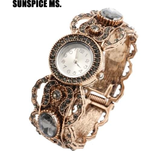 Vintage Round Gray Crystal Bangle Watch Jewelry For Women Antique Gold Color Cuff Bracelet Turkish Wedding Bijoux 2018 Wholesale